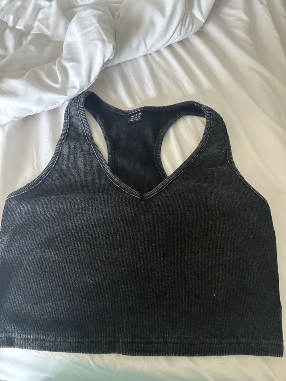 SHEIN Washed Black Ribbed V-Neck Racerback Crop Tank
